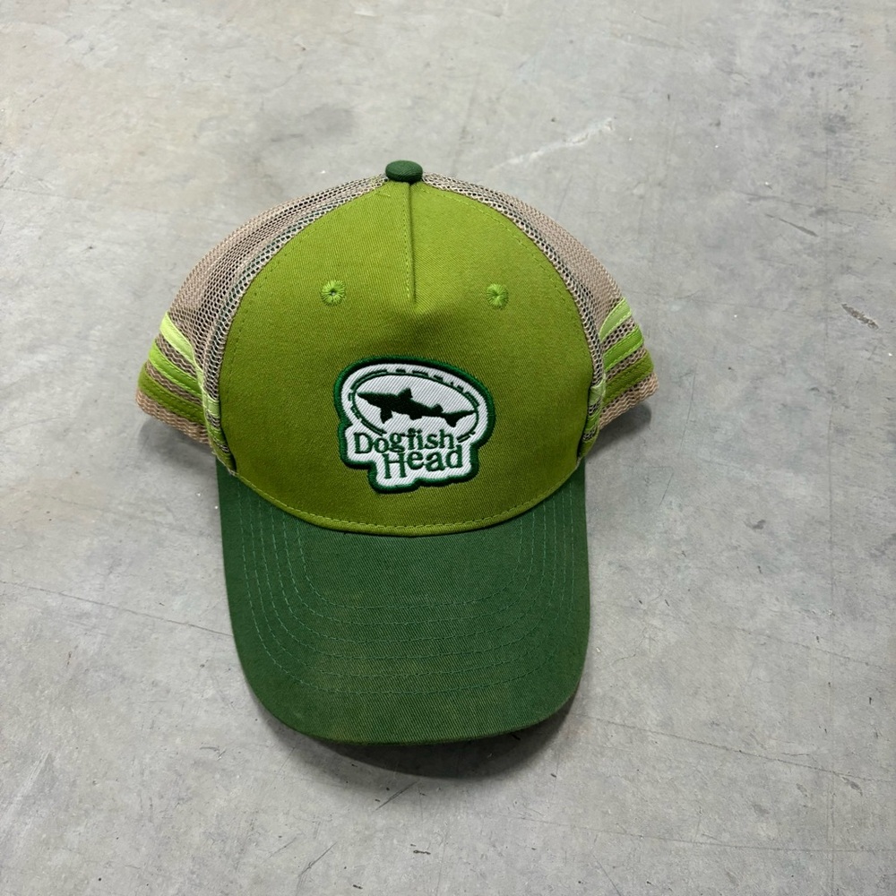 Dogfish Head Hat Cap‎ SnapBack Mens Green Beige Mesh Adjustable Stripes